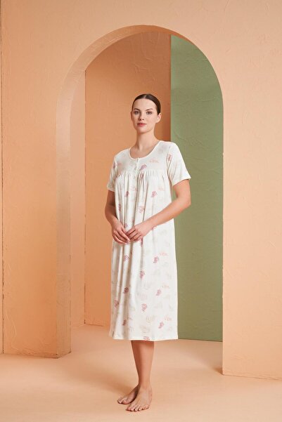 PJS Дамска нощница с къс ръкав и яка с копчета и шарка на листа