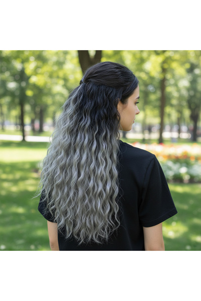 Peruk Market Siyah Gri Ombreli Fiber Sentetik Kabarık Dalgalı Yarım Ay ve 2 Yan Çıt Çıt
