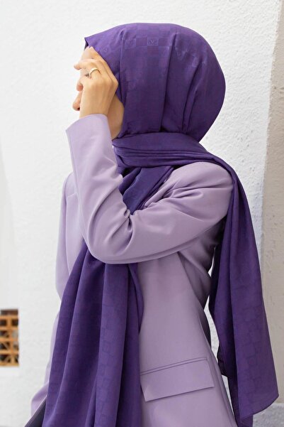 Vissona %57 İPEK %43 PAMUK Monogram Desenli Mor Renkli Şal - 70x190 Dikiş Tip...