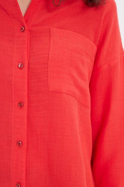 Tudors Women's Oversized wide cut 100% cotton muslin fabric long sleeve textured pomegranate color shirt with pockets