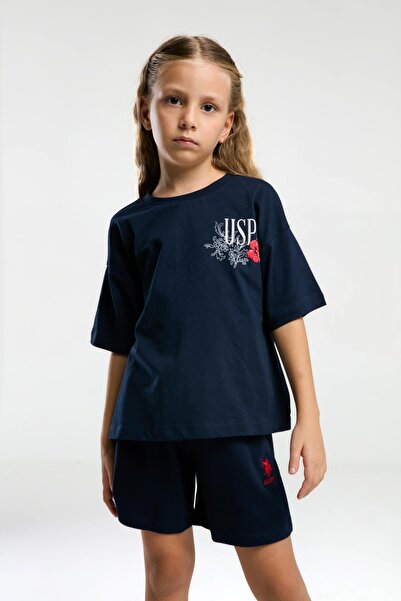 U.S. Polo Assn. 2072 Пижама с флорален мотив и къс ръкав за момиче, тъмносиня, с кръгло деколте и флорален мотив