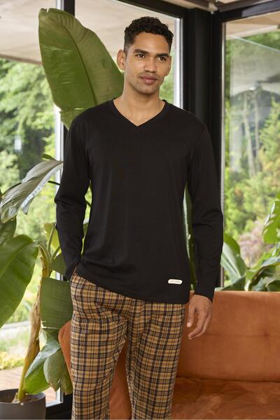 KLY 9265 Чоловічий піжамний комплект з V-подібним коміром та довгими рукавами