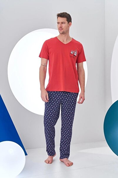 PJS 24307 Мъжки комплект пижама с къс ръкав и V-образно деколте, бордо и щампа