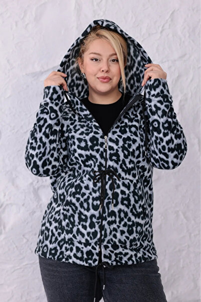 tarzımsüper Women's Plus Size Warm Leopard Fleece Waist-Tied Hooded Zippered Sweatshirt