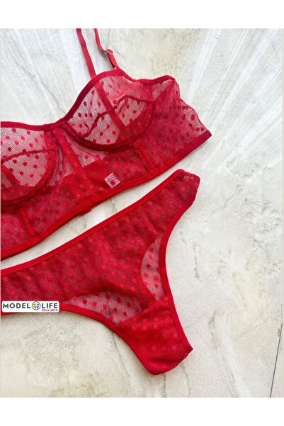MODELLİFE Kıırmızı Puantiyeli Brode Balenli Bra Sütyen Iç Çamaşırı Tanga Takımı