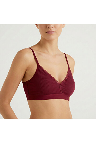 NOTTO BORDO YAKASI DANTEL DETAYLI ÇIKARILABİLİR PEDLİ FİTİLLİ İNCE ASKILI SPO...