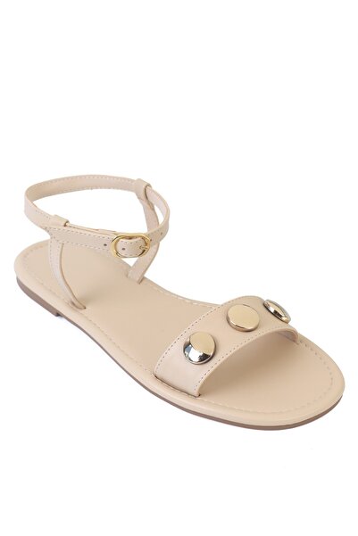 Capone Outfitters Celina Single Strap Metal Accessories Ankle Strap Flat Heeled Round Toe Women's Sandals