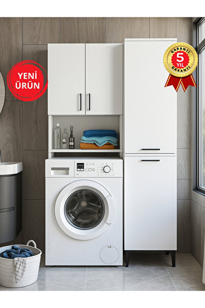 Brillon Çamaşır Makinesi Dolabı & Singa Kirli Sepetli Çok Amaçlı Dolap Beyaz
