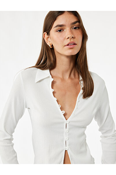 Koton Tricou cu mânecă lungă, cu nasturi, slim fit, cu guler de cămașă