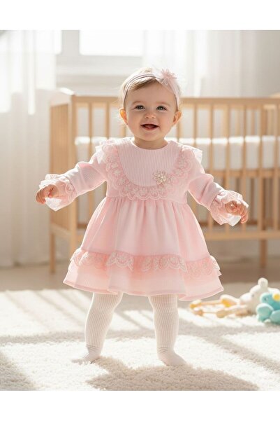 MİNİBORN Yeni doğan kız uzun kollu pembe çiçekli fırfırlı elbise set