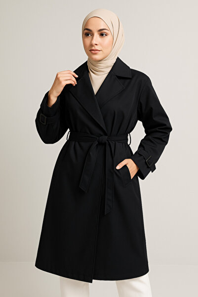 Genel Markalar Kadın Belden Bağlamalı Siyah Balon Kol Trenç
