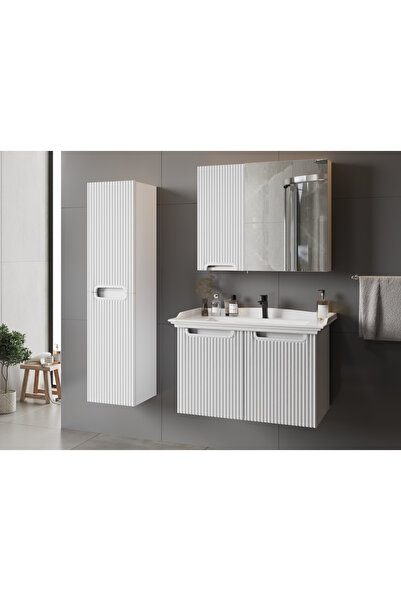ROSEART BANYO ROSELİNE 80CM BANYO DOLABI SETİ ALT DOLAP + SERAMİK LAVABO + ÜST MODÜL + BOY DOLAP