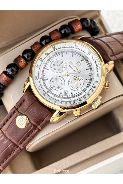 Reward سوار من الجلد البني، علبة فولاذية باللون الأصفر، الوظائف تعمل، ساعة يد...