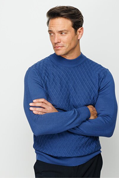Desen Triko Ανδρικό πουλόβερ με μισό ζιβάγκο με κυψελωτό σχέδιο Indigo