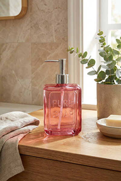 MAKRİ HOME Renkli Cam Sıvı Sabunluk, 500 ml, Pembe