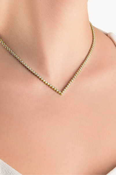 So CHIC... Sarı Taşlı 18 Ayar Sarı Altın Kaplama 42 Cm Gümüş Su Yolu Kolye