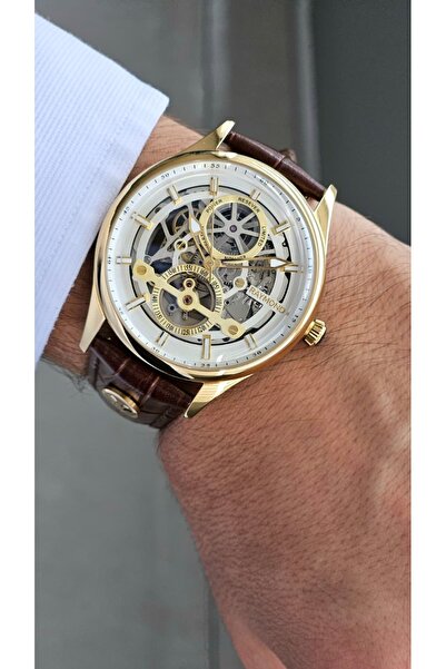 Raymond Rym-280267 Men's Skeleton Automatic Wristwatch - Japanese Mechanism - 2 Years Warranty Gold-Brw-W