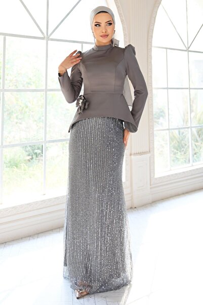 Olcay Floral Brooched Lace-Up Back Satin and Sequined Hijab Evening Dress Set Anthracite 1683