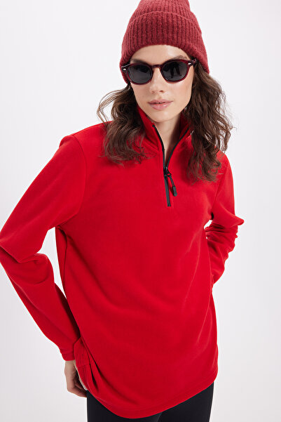 Tudors Women's Standard Fit Anti-Pilling Non-Pilling Cold-Proof Red Bato Collar Fleece Sweatshirt