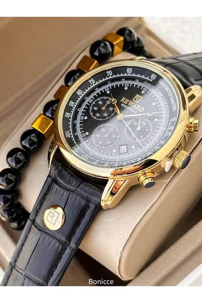 Reward حافظة فولاذية، ساعة يد رجالية من الجلد الأسود مع وظائف متعددة + سوار معصم