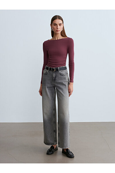 Dilvin 31401 Gathered Boat Neck Top-Dark Plum