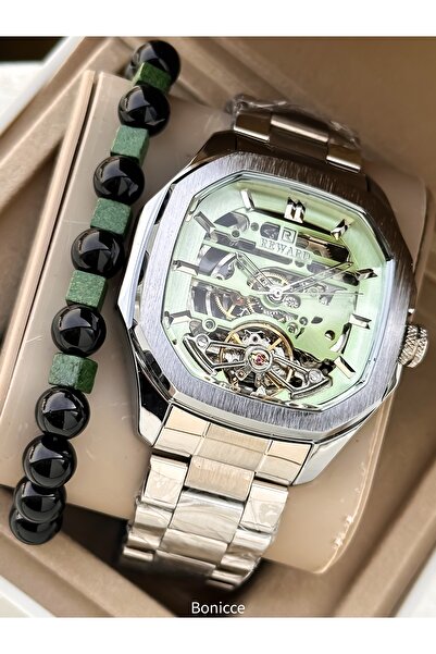 Reward سوار سيليكون أخضر أوتوماتيكي (بدون بطارية) ساعة يد رجالية + سوار
