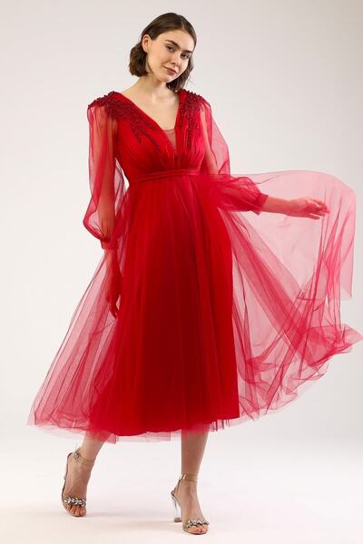 Asees Rochie de seară din tul de vis cu perle și detaliu aplicat