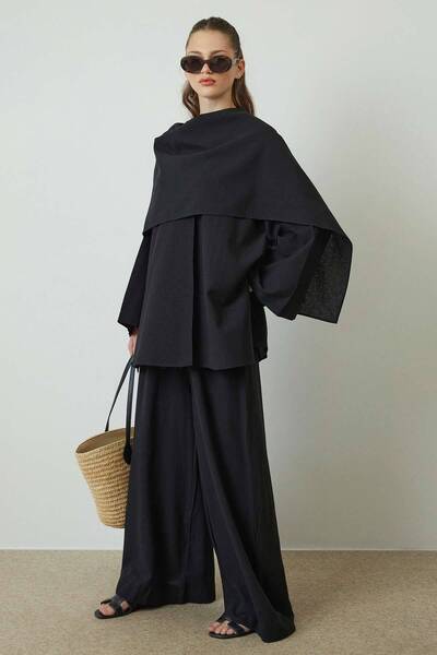 Hooopstore سترة من الكتان الأسود مع إكسسوارات الشال