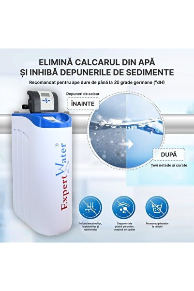 EXPERT WATER Dedurizator apă 20 L automat, 2‑4 pers., Clack SUA, anticalcar, compact, cu filtru și tester