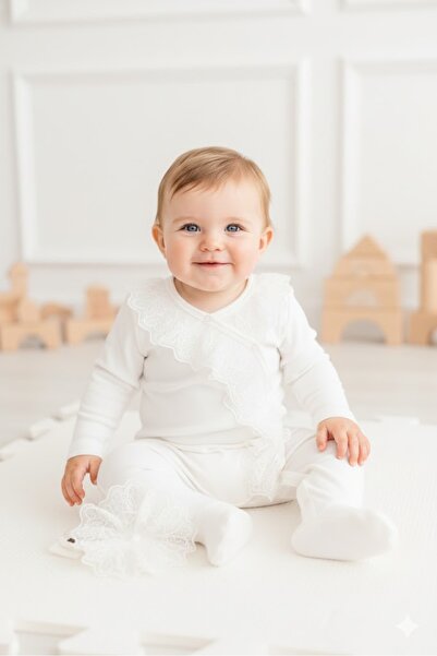 MİNİBORN Baby Girl Ecru Newborn Lace Bandana Jumpsuit