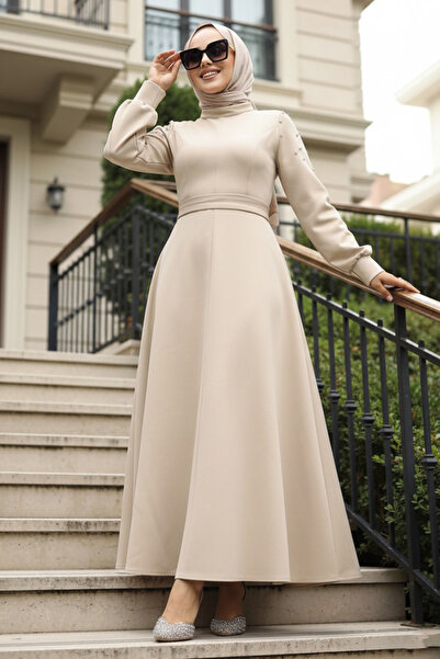 Neva Style Rochie Hijab Bej Brodat cu margele - Maneci 23631BEJ