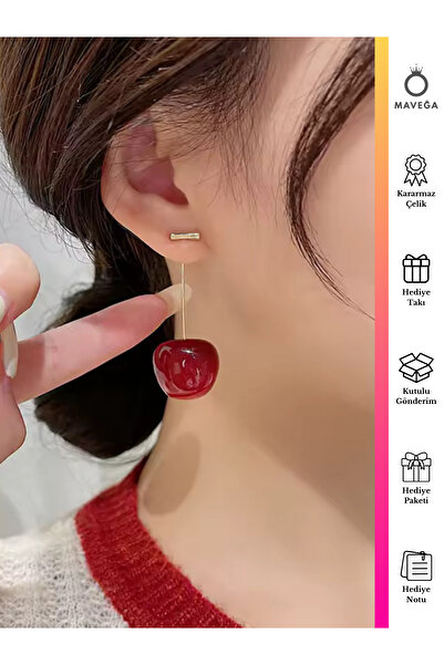 MAVEGA Yüksek Kalite Paslanmaz Kararmaz Çelik Kiraz Küpe Altın Kırmızı Renk