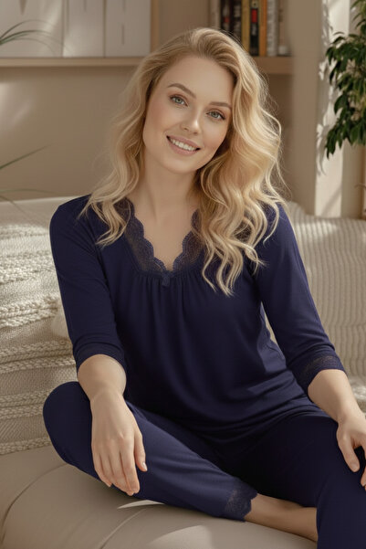 Miss Meryem Lacivert Ring Viskon Dantel Detaylı Kısa Kol Pijama Takım