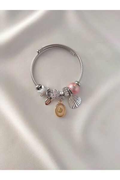 Aurora Jewelry Charmlı Pembe Deniz Kabuklu Çelik Bileklik