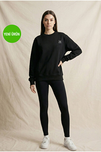 MAKSFD Unisex Bisiklet Yaka Oversize Sweatshirt İçi Pamuklu 3 İplik Şardonlu Rahat Kalıp Günlük Basic Siyah