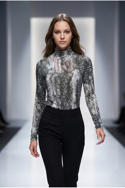 ladyzey Kadın Yarım Balıkçı Siyah Yılan Desenli Body