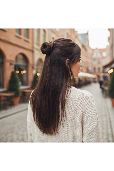 Peruk Market Kahverengi Fiber Sentetik Düz Yarım Ay 2 Yan Çıt Çıt Peruk