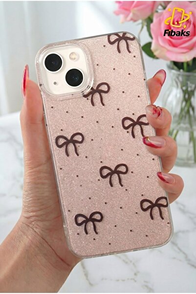 Fibaks Apple iPhone 13/14 Uyumlu Kılıf Simli Siyah Fiyonk Desenli Renkli Parlak Darbe Emici Kapak