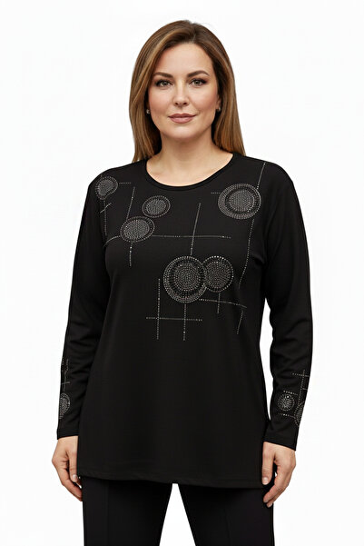 Moda Zeyn Round Patterned Stone Embroidered Clover Fabric Mother's Combed Cotton Blouse - Winter Quality