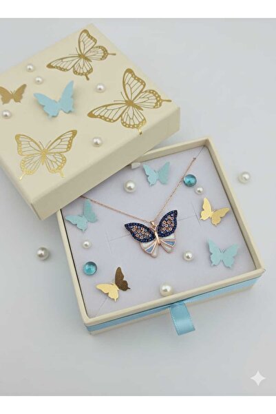 Papatya Silver 925 Ayar Lacivert Taşlı Gümüş Kelebek Kolye.rose.gold.rodaj