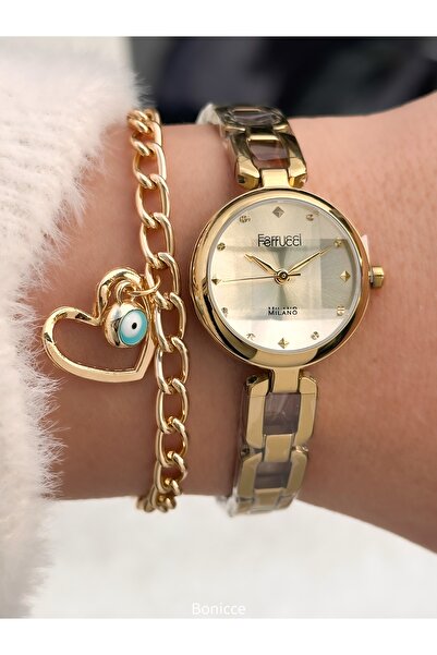 Ferrucci ساعة يد بسوار فولاذي ذهبي مقاومة للماء + سوار