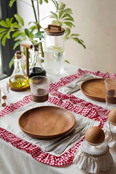 KaiHome Servire din 2 bucăți de in brut - Detaliu cu volan în carouri și Supla