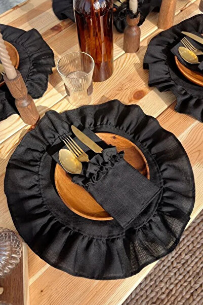 KaiHome 6 قطع من قماش الكتان الأسود بتفاصيل مكشكشة مستديرة أمريكية