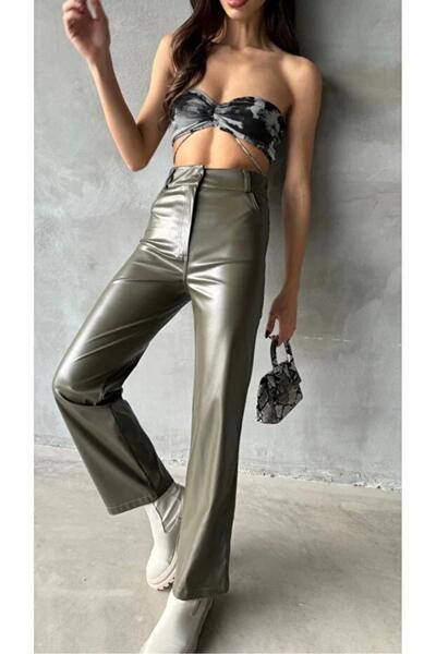 Ecenin Favorileri Green Faux Leather Women's Trousers