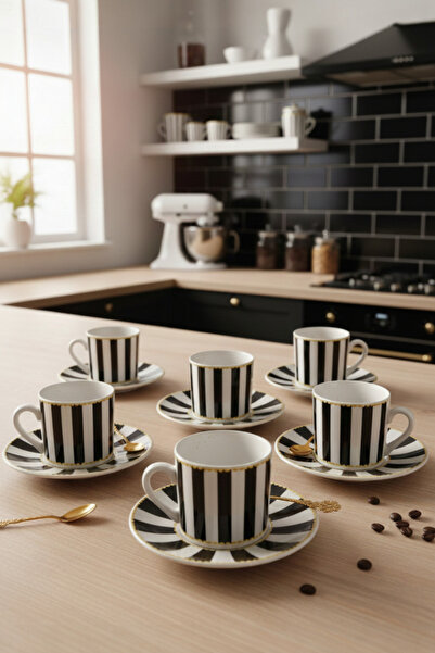 GÜLZE 6 Kişilik (12 Parça) HARMONİ Model Özel tasarım Lüks Kahve Fincan Takımı (Saf Porselen)