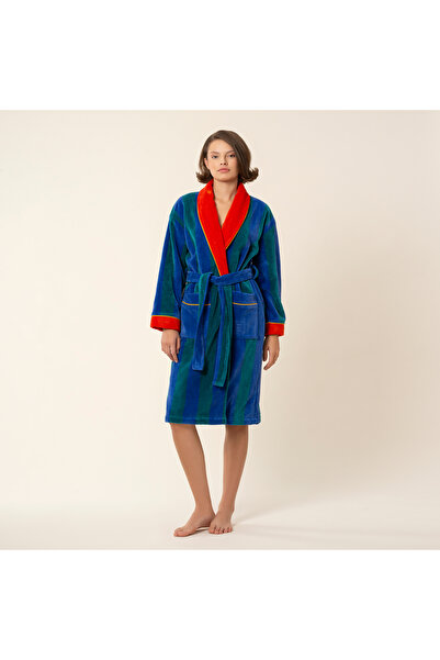 Zsa Zsa Zsu Tabea Nakışlı Kadife Pamuk Bornoz - Yeşil - Mavi
