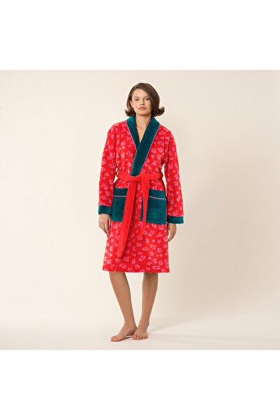 Zsa Zsa Zsu Tabea Desenli Nakışlı Pamuk Bornoz - Pembe - Kırmızı