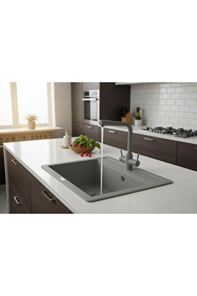 HENASURFACE Granit Eviye 1 Gözlü Gri 55x50 Granit Evye Kuvars