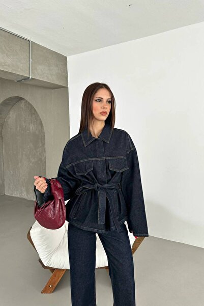 MEECY Dark Navy Blue Tie-Up Denim Suit Oversized Jacket and High Waist Pants