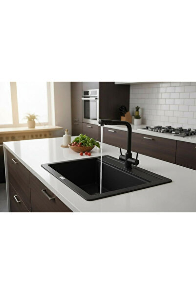 HENASURFACE Granit Eviye 1 Gözlü Siyah 55x50 Granit Evye Kuvars